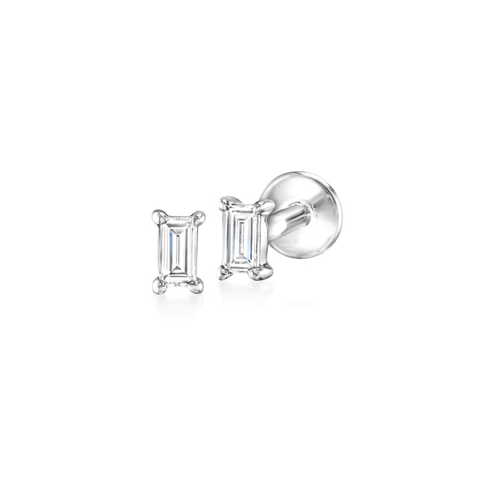 14kt white gold diamond stud earrings, baguette-cut stones on posts