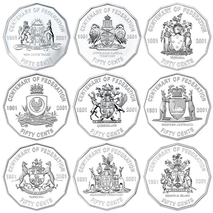 10x 2001 FULL SET Circulated 50c Centenary of Federation  - In Lighthouse Capsules
