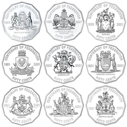 10x 2001 FULL SET Circulated 50c Centenary of Federation  - In Lighthouse Capsules