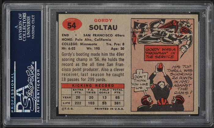 1957 Topps FB Card # 54 Gordon Soltau San Francisco 49ers HOF PSA 8 NM-MT (MGD2)