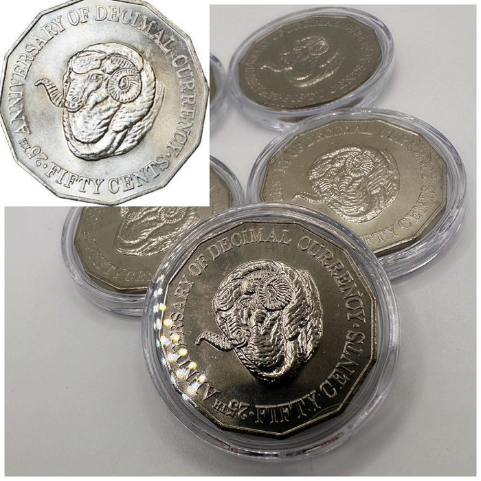 1x 50c UNC 1991 Rams Head 25 Decimal Anniversary Coin - In Lighthouse Capsule
