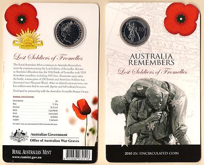 2010 20c Australia Remembers Lost Soldiers Of Fromelles Carded Coin