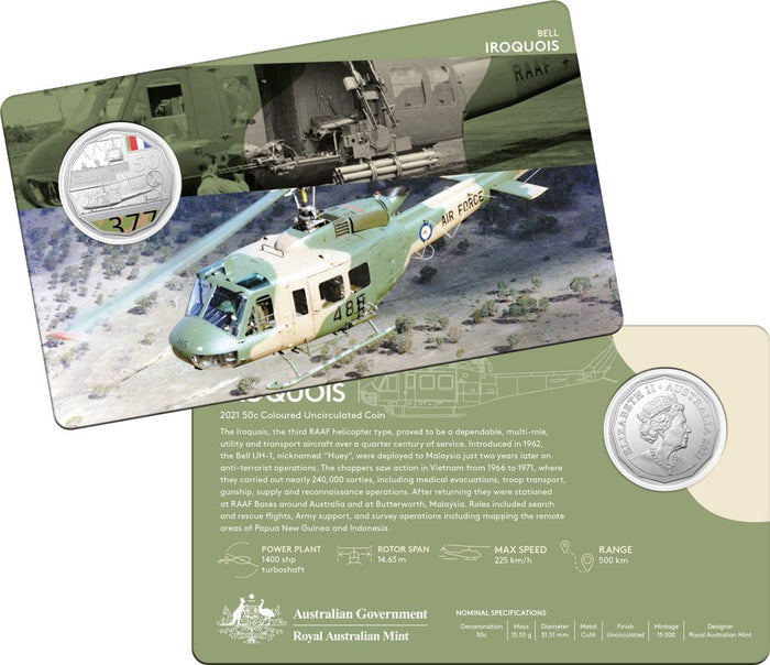 2021 50c Colorized Bell Iroquos Carded Coin - Mintage: 15,000