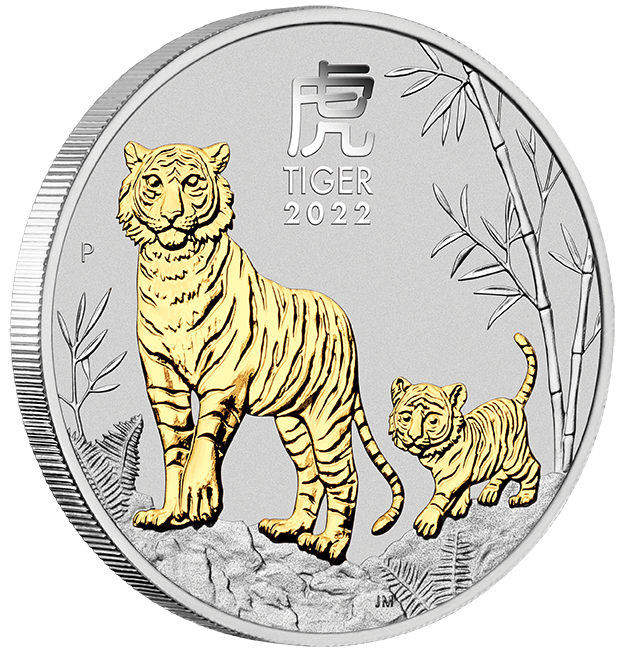 2022 1oz Silver Gold Gilded Year Of The Tiger Coin - Mintage: 25,000
