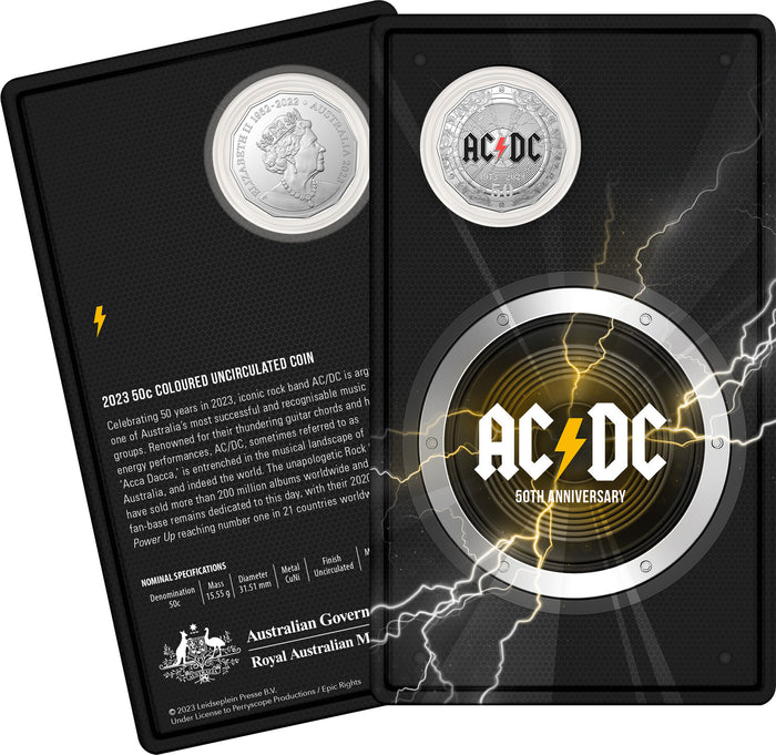 2023 50c 50th Anniversary ACDC Carded Coin - Mintage: 30,000
