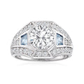 Sterling silver ring with large round clear CZ center and blue simulated aquamarine accents