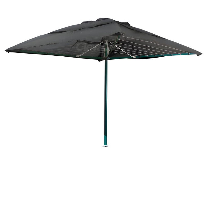 ClevaCover with a white background installed on a fully open folding rotary clothesline. Cover colour is monument.