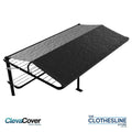 ClevaCover shown from above.  Extended fully over the clothesline cords on a ground mount fold down clothesline, colour of the cover is monument.