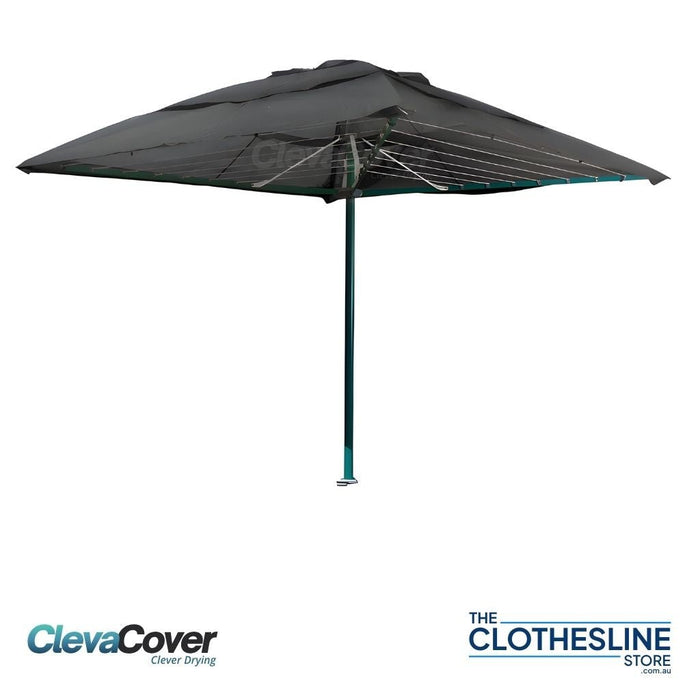 ClevaCover with a white background installed on an fully open folding rotary clothesline. Cover colour is monument.
