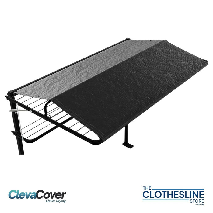 ClevaCover shown from above.  Extended fully over the clothesline cords on a ground mount fold down clothesline, colour of the cover is monument.