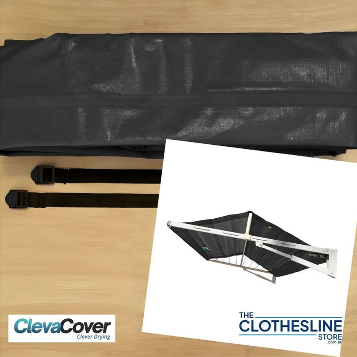 Folded clothesline cover with straps, insert image is the cover installed onto a fold down clothesline.