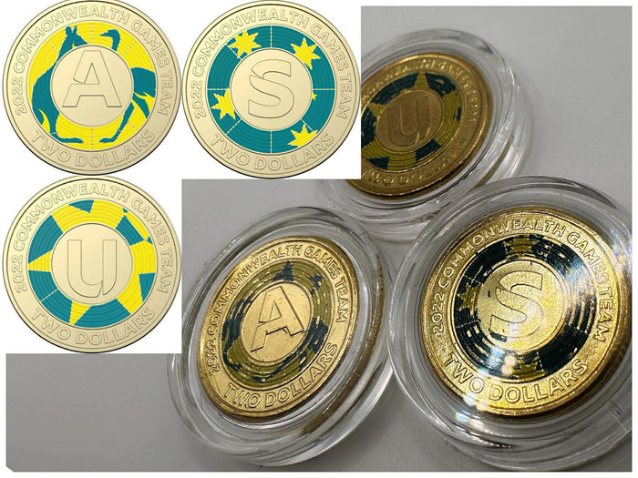 3x UNC 2022 'A' 'U' 'S' Commonwealth Games $2 Coins - In Lighthouse Capsules