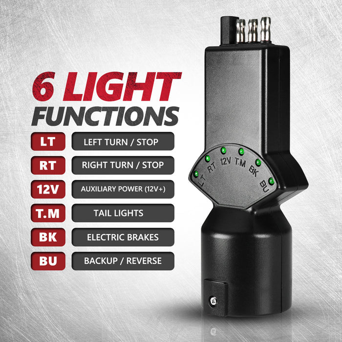 7-Pin to 4-Pin Trailer Adapter with LED Tester – 6 LED Indicators and Secure Tab