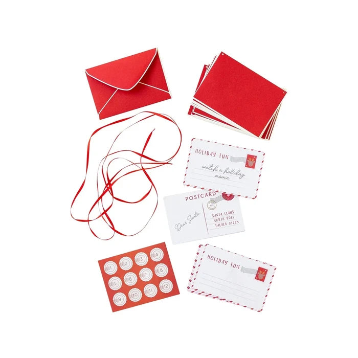 Christmas advent envelope banner kit with red envelopes, activity cards, number stickers, and ribbon