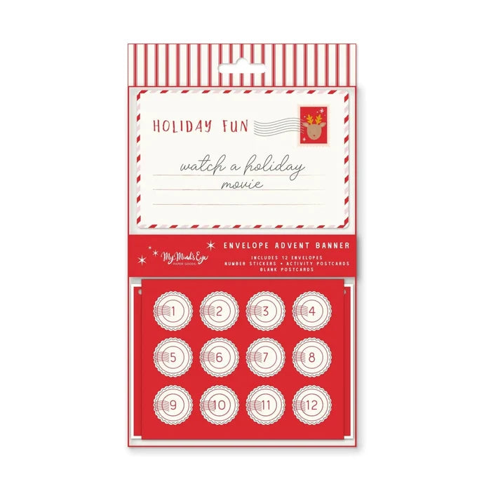 Christmas envelope advent banner package with a Holiday Fun activity card and twelve numbered envelope stickers