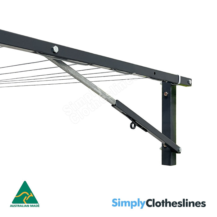 Close-up of the Air Dry 1.5m (1500mm) clothesline frame showing the outside view of galvanised steel support strut open and frame.
