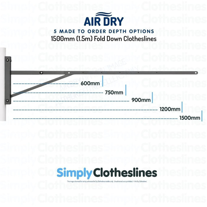 Air Dry 1.5m (1500mm) Fold Down Clothesline showing 5 made to order depth options: 600mm, 750mm, 900mm, 1200mm, and 1500mm.