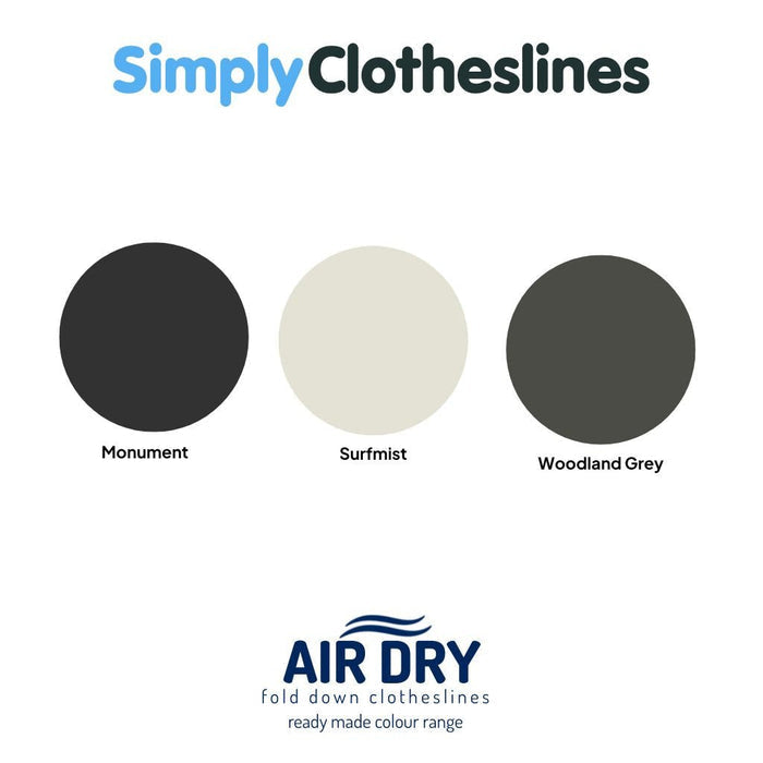Colour chart showing available frame finishes for the Air Dry ready made range: Monument, Surfmist and Woodland Grey.