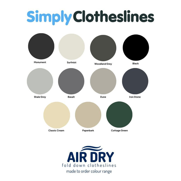 Colour chart showing available frame finishes for the Air Dry model range: Monument, Surfmist, Woodland Grey, Black, Shale Grey, Basalt, Dune, Ironstone, Classic Cream, Paperbark, and Cottage Green.