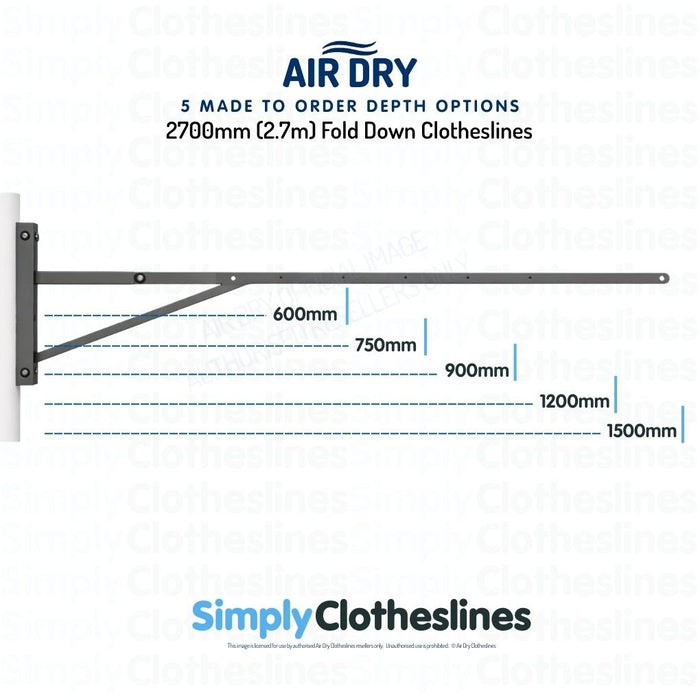 Air Dry 2.7m (2700mm) Fold Down Clothesline showing 5 made to order depth options: 600mm, 750mm, 900mm, 1200mm, and 1500mm.