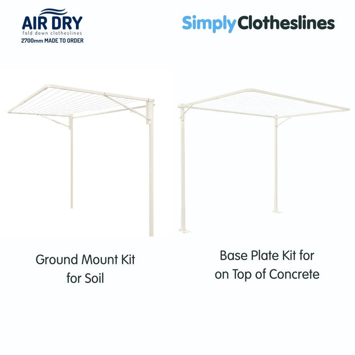 Two Air Dry 2.7m (2700mm) clothesline installation additional options: both clotheslines are open. The clothesline on the left represents Ground Mount Kit for soil and the clothesline on the right represents Base Plate Kit for installation on top of concrete. Colour Classic Cream.