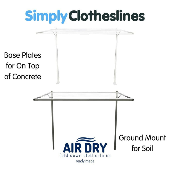 Two Air Dry clotheslines additional installation options: both clotheslines are open. The clothesline on the top represents a Base Plate Kit for installation on top of concrete in the colour Surfmist.  The Clothesline on the bottom represents a Ground Mount Kit for installation into soil, in the colour Woodland Grey.