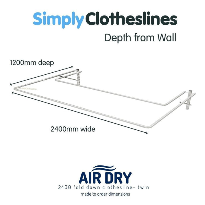 Air Dry Twin 2.4m (2400mm) diagram showing the dimensions of the width and depth 2.4m wide x 1.2m deep. Clotheslines is in the colour Shale Grey.