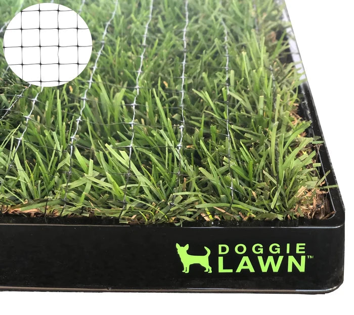 Anti-dig netting stretched over a real grass dog potty tray, with a close-up of the mesh pattern.