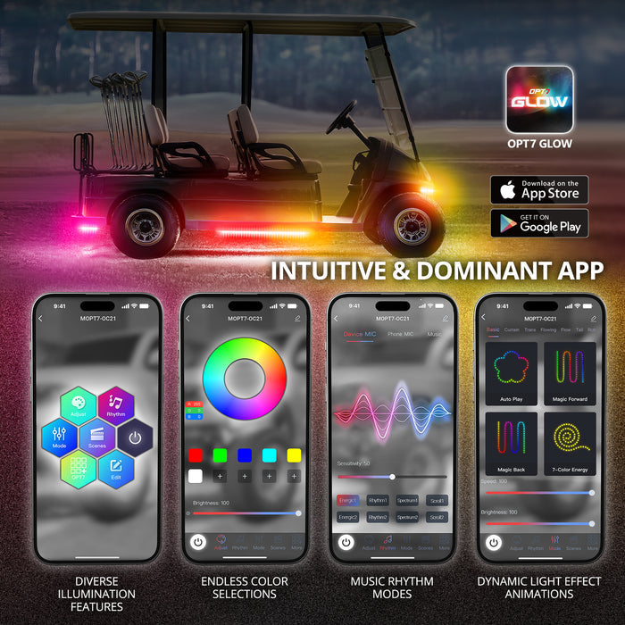 AURA DreamColor Golf Cart Flexible Underbody Glow LED Lighting Strip Kit Bluetooth APP and Remote Control Full Color Spectrum