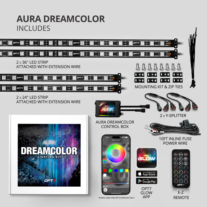 AURA DreamColor Golf Cart Flexible Underbody Glow LED Lighting Strip Kit Bluetooth APP and Remote Control Full Color Spectrum