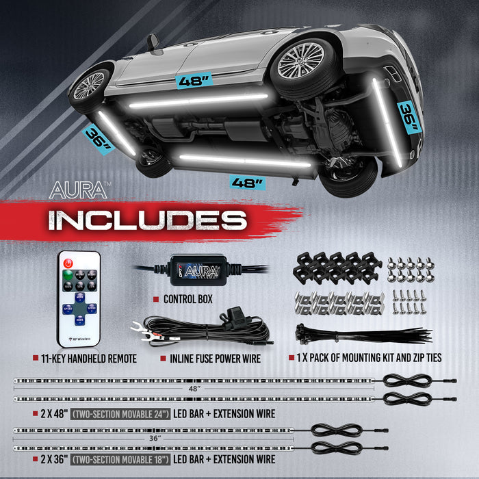 AURA White LED Aluminum Underglow Lighting Kit