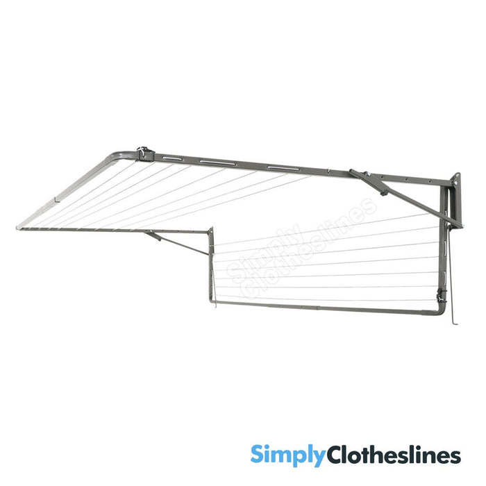 Austral Add-A-Line fold down clothesline shown from an angled side view the largest frame is fully open the smallest is folded flat against a white wall.