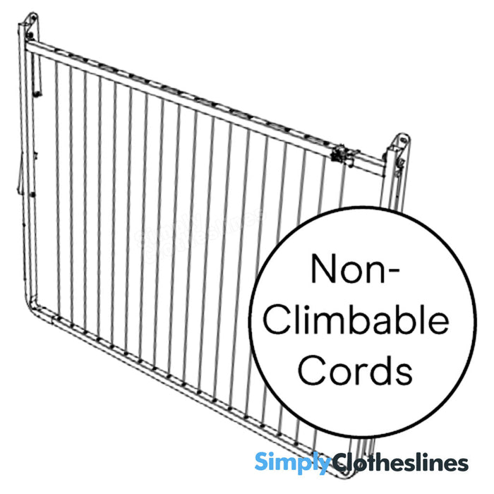 Line drawing of the Austral Balcony Line featuring a "Non-Climbable Cords" safety certification seal.