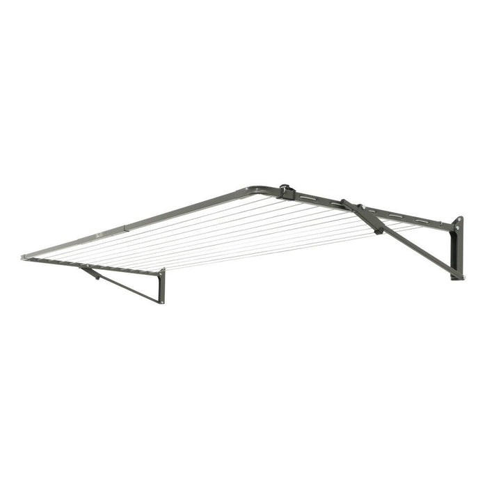 Austral Compact 28 fold down clothesline in the colour Woodland Grey fully extended, open, against a white background.