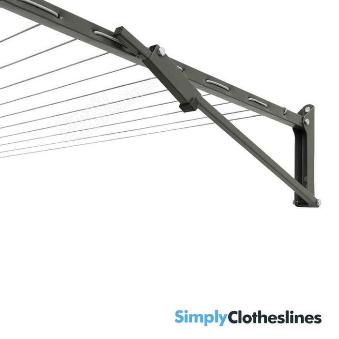 Close-up of the strut and wall bracket on the fold down clothesline.