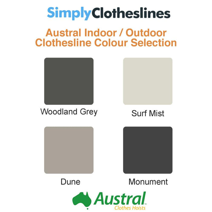 Colour selection chart for Austral Indoor Outdoor clothesline showing Woodland Grey, Surfmist, Dune, and Monument.