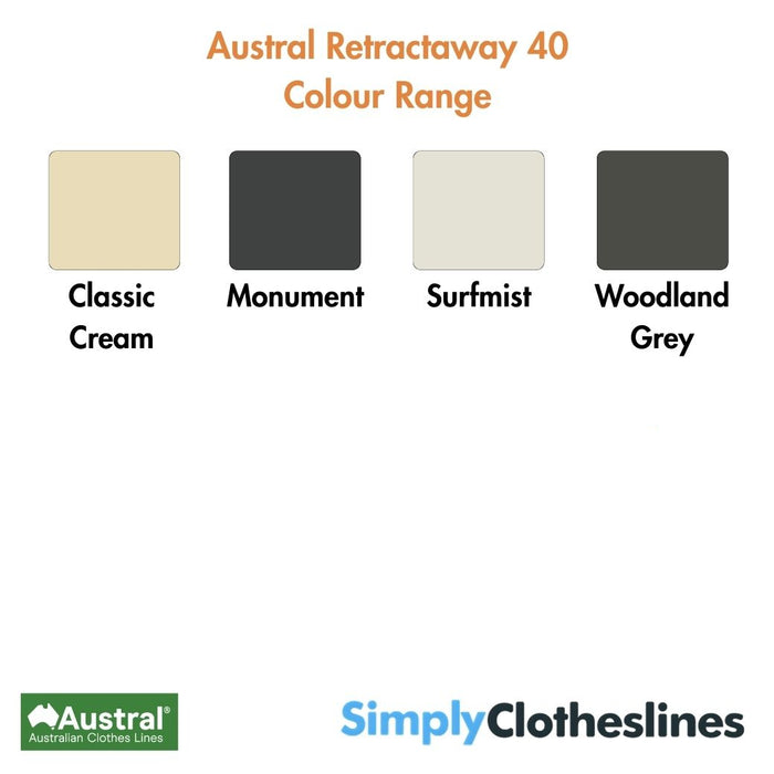 Colour range chart for the Austral Retractaway 40 showing Classic Cream, Monument, Surfmist, Woodland Grey.  Black is only available for NSW and ACT customers.