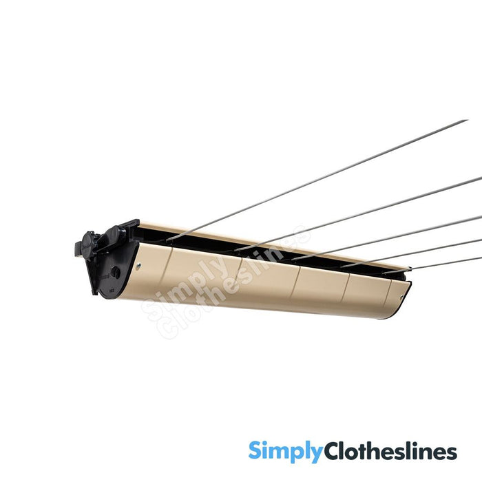 Austral Retractaway 40 retractable clothesline cabinet in the Classic Cream, an angled perspective with the clothesline cord extended.