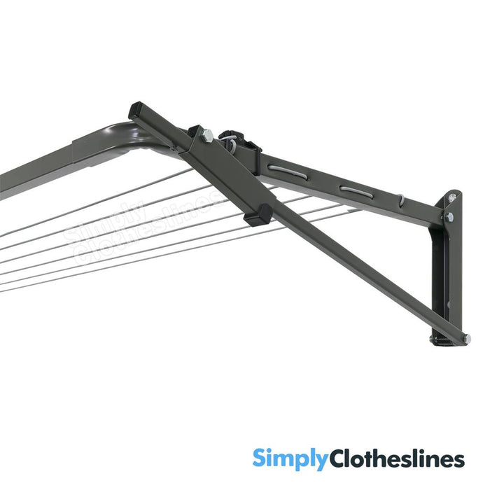 Close-up of the strut and wall bracket on the Austral Slenderline 20 fold down clothesline.