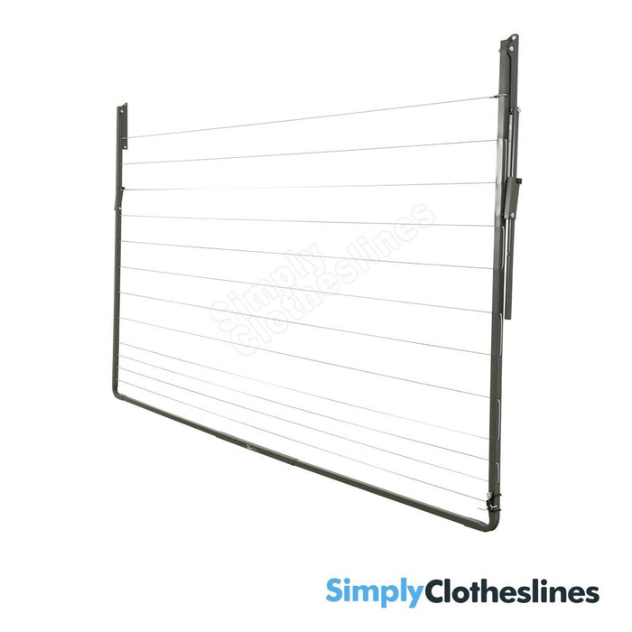 Austral Single fold down clothesline an angled side view of the frame folded flat against a white.