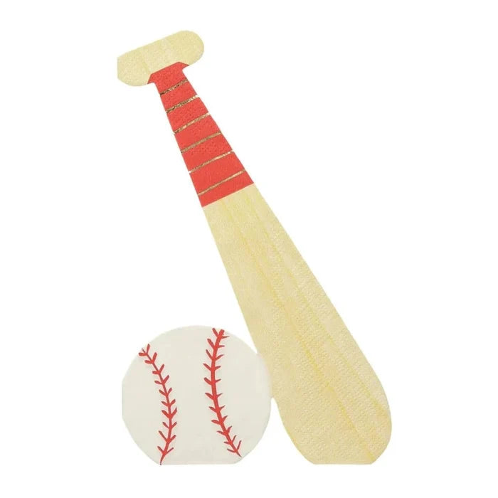 Meri Meri baseball napkins on white background with classic red stitching and baseball print