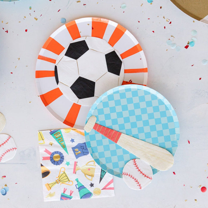 Meri Meri baseball napkins in a full sports-themed birthday party table setting with cups and plates