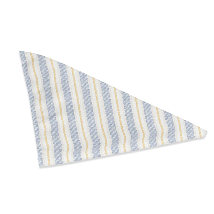 Triangle-folded blue-striped dog bandana with thin yellow accent stripes on white fabric.