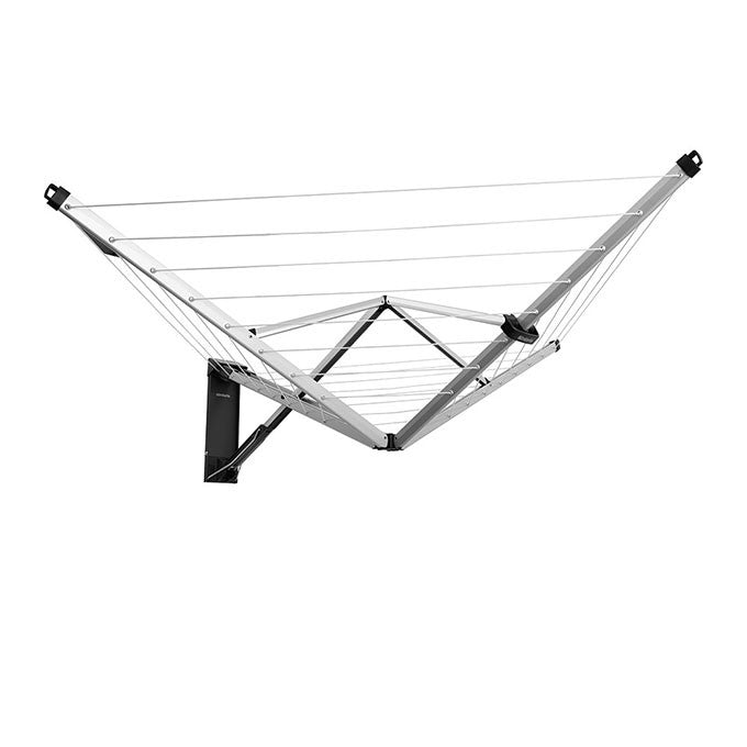 Brabantia WallFix 24m wall mounted clothesline with stainless steel cover fully extended.