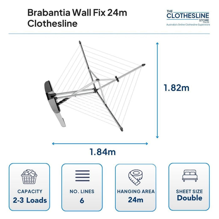 Brabantia Wallfix 24 Clothesline Dimensions. 1.84m wide by 1.82m deep.  2-3 wash loads, 6 lines, 24m hanging space suits double sheets.