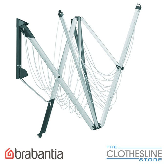 Brabantia WallFix 24m wall mounted clothesline half extended with multiple drying lines.