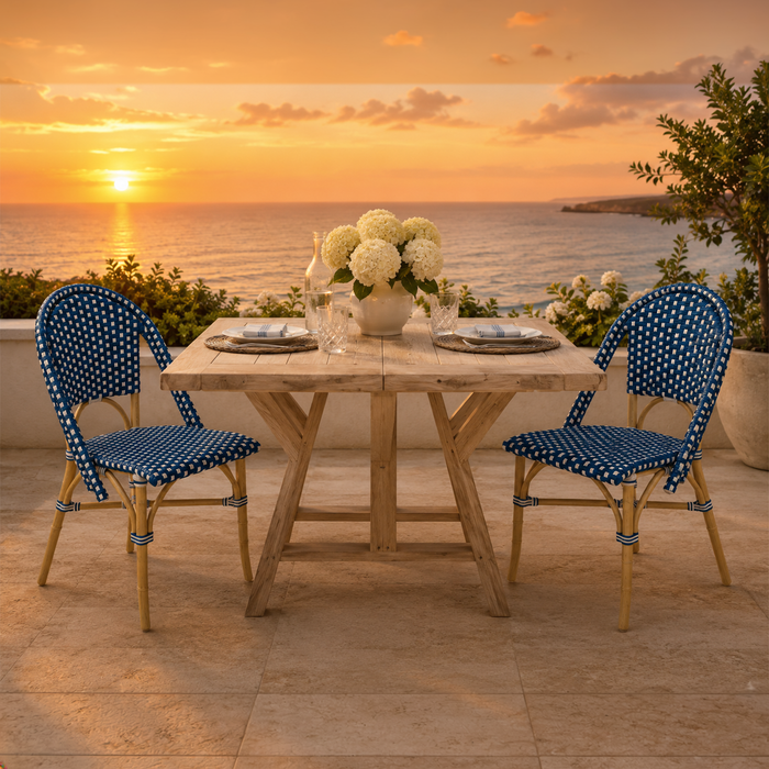 Cafe Royal Blue/White Side Chair with Rattan Frame