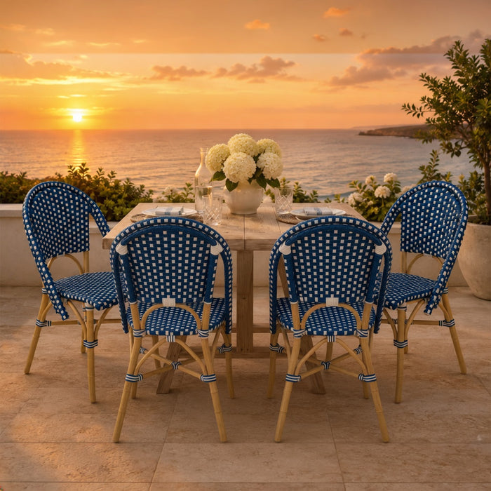 Cafe Royal Blue/White Side Chair with Rattan Frame