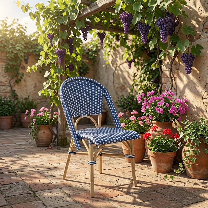 Cafe Royal Blue/White Side Chair with Rattan Frame