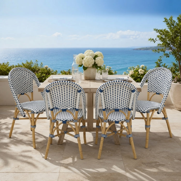 Cafe White/Royal Blue Side Chair with Rattan Frame